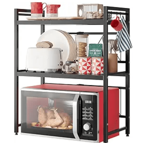Expandable Microwave Stand,3 Tier Metal Kitchen Countertop Organizer Shelves with 8 Hooks,Bakers Rack,Microwave Shelf,Microwave Oven Rack,110lbs Weight Capacity