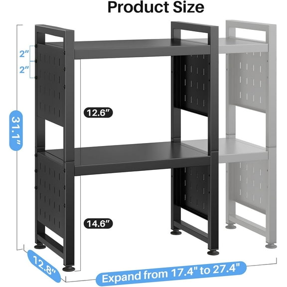 Expandable Microwave Stand, Heavy Duty 3-Tier Adjustable Microwave Oven Rack Shelf with 8 Hooks & 2 Holders, Space-saving Kitchen Counter Shelf for kitchen organizers and storage, 200lbs Capacity