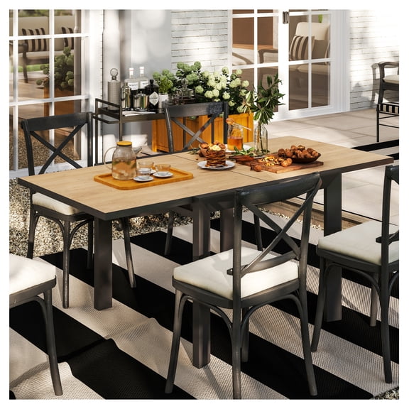 Expandable Outdoor Dining Table 35.5-71", Aluminum Patio Table for 4-6, Wood Grain Top, Natural