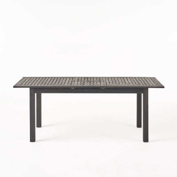 Expandable Outdoor Dining Table for 6-8 People, 63-79 inch Acacia Wood Patio Table with Umbrella Hole, Space-Saving Dark Grey Garden Table