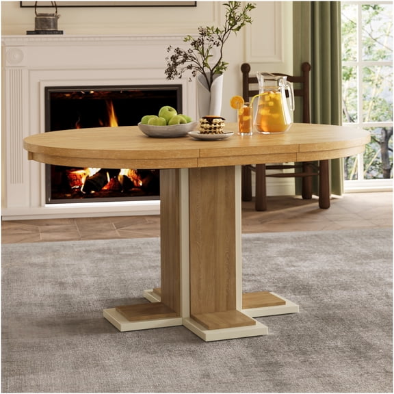 Expandable Oval Dining Table with Leaf, Retro Solid Wood Kitchen Table for 6, Double Pedestal Base, Natural Finish