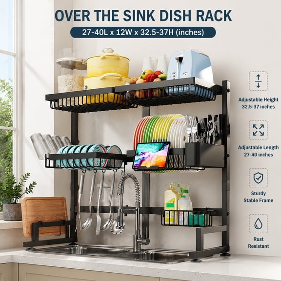 Expandable Over The Sink Dish Drying Rack, Snap-On Design, 2 Tier Large Dish Organizer, Adjustable Height & Length (27-40L x 12W x 32.5-37H inches)