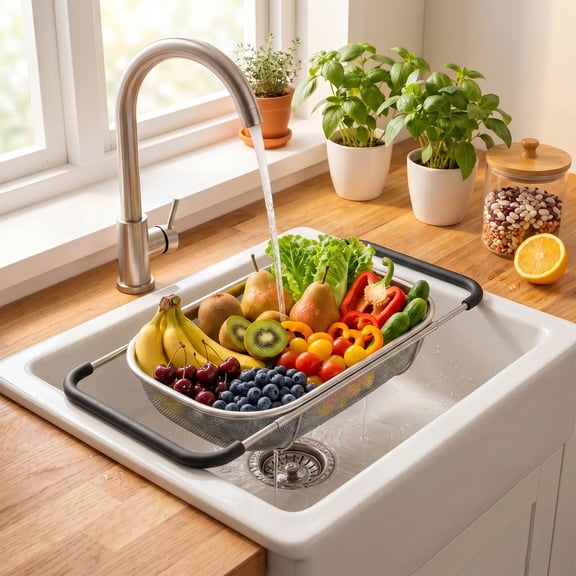 Expandable Over-the-Sink Colander Set, Stainless Steel Collapsible Strainer for Pasta, Fruits & Vegetables with Adjustable Handles, Fine Mesh, Dishwasher Safe
