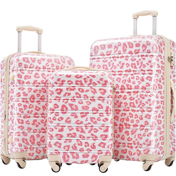 Expandable PC Hardshell Luggage Set 3-Piece, Pink Leopard Spinner Suitcase with TSA Lock