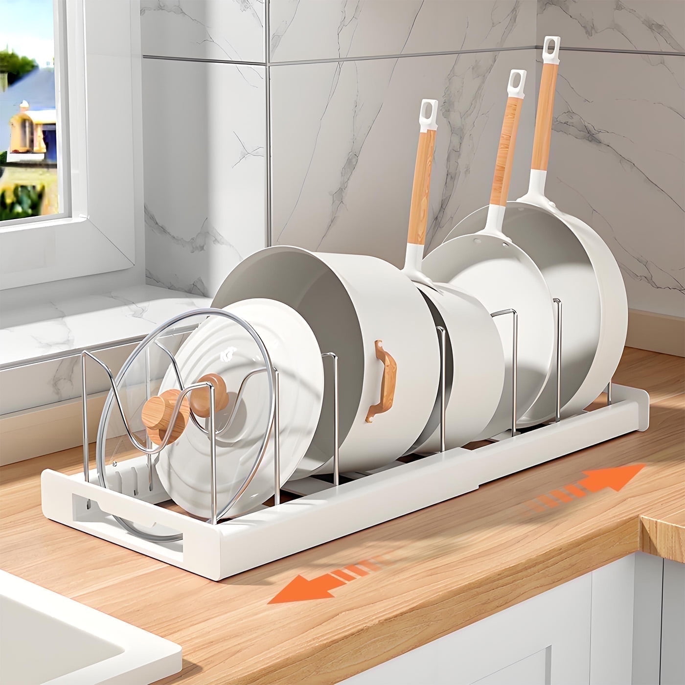 BAOKALER Expandable Pan Organizer with 12 Adjustable Shelves, Multifunctional Pots and Pans Organizer Rack for Kitchen Cabinets, Stainless Steel Lid Holder, White - Walmart.com