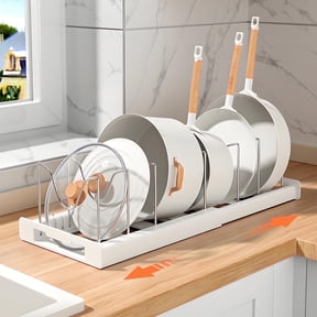 BAOKALER Expandable Pan Organizer with 12 Adjustable Shelves, Pot Lid Organizer Rack for Kitchen Cabinets, White
