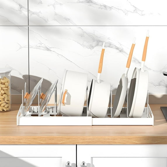 Expandable Pan Organizer, Pots and Pans Organizer with 12 Adjustable Shelves, Multifunctional Lid Organizer for Kitchen Cabinets, Stainless Steel Pan Rack Lid Holder, White