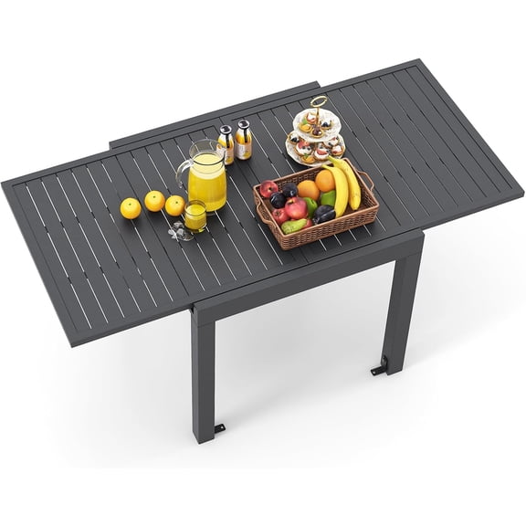Expandable Patio Dining Table Aluminum Outdoor Table for 4-6 Person with Slatted Tabletop, Square Rectangular Folding Patio Table for Porch, Lawn, Garden