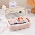 thumbnail image 1 of Expandable Pencil Case with Checkerboard Pattern, Double Zipper Large Capacity Stationery Organizer, Composite Fabric Retractable Pen Pouch for Office & Travel, 1 Pack (8.66" x 4.33" x 2.56") Pink, 1 of 3
