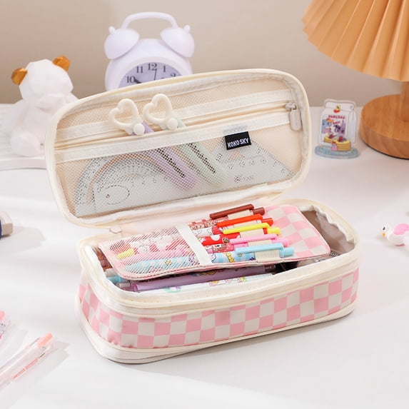 Expandable Pencil Case with Checkerboard Pattern, Double Zipper Large Capacity Stationery Organizer, Composite Fabric Retractable Pen Pouch for Office & Travel, 1 Pack (8.66" x 4.33" x 2.56") Pink