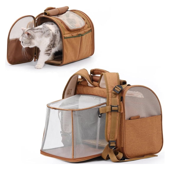 Expandable Pet Carrier Backpack for Cats and Small Dogs up to 10 lbs - Brown