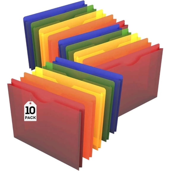 Expandable Plastic File Folders, Pockets, Letter Size, Moisture Resistant, 1" Jacket, Assorted Colors, 10/Pack
