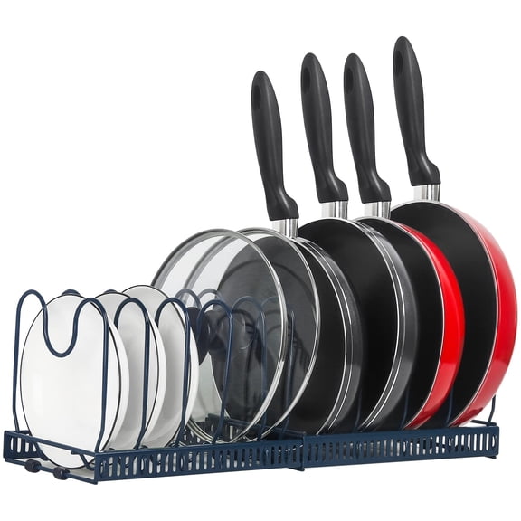 Expandable Pot And Pan Organizer - Cabinet Lid Holder With 10 Adjustable Compartments For Cookware Baking Frying (dark Blue 10)