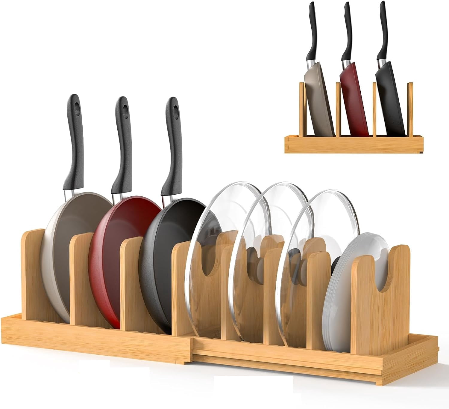 Expandable Pot Lid Organizer, Bamboo Pot and Pan Organizer for Under ...