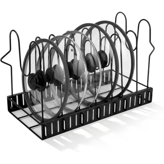 Expandable Pot Lid Organizer for Cabinet, 12"-23" Adjustable Pots & Pans Lid Rack with 8 Dividers, Under Cabinet Storage for Bakeware, Cutting Boards & Lids, Black