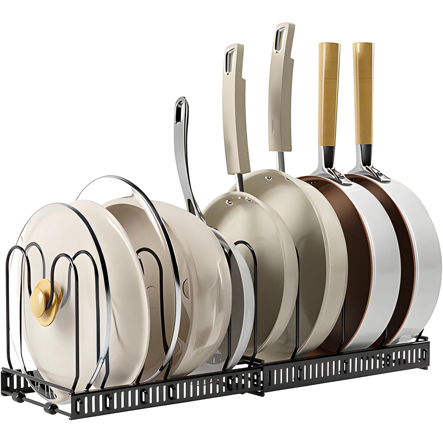Pots and Pans Organizer,Expandable Pot Lid Holder 10 Adjustable Compartment Rack for under Cabinet