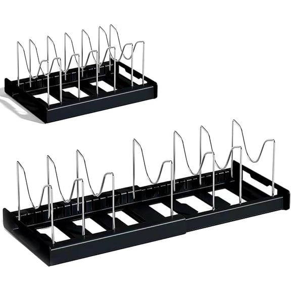 DEGUO Expandable Pot Lid Rack with Adjustable Dividers, Under Cabinet Pot and Pan Organizer for Kitchen Storage of Cutting Boards, Bakeware, Pot Lids, Black