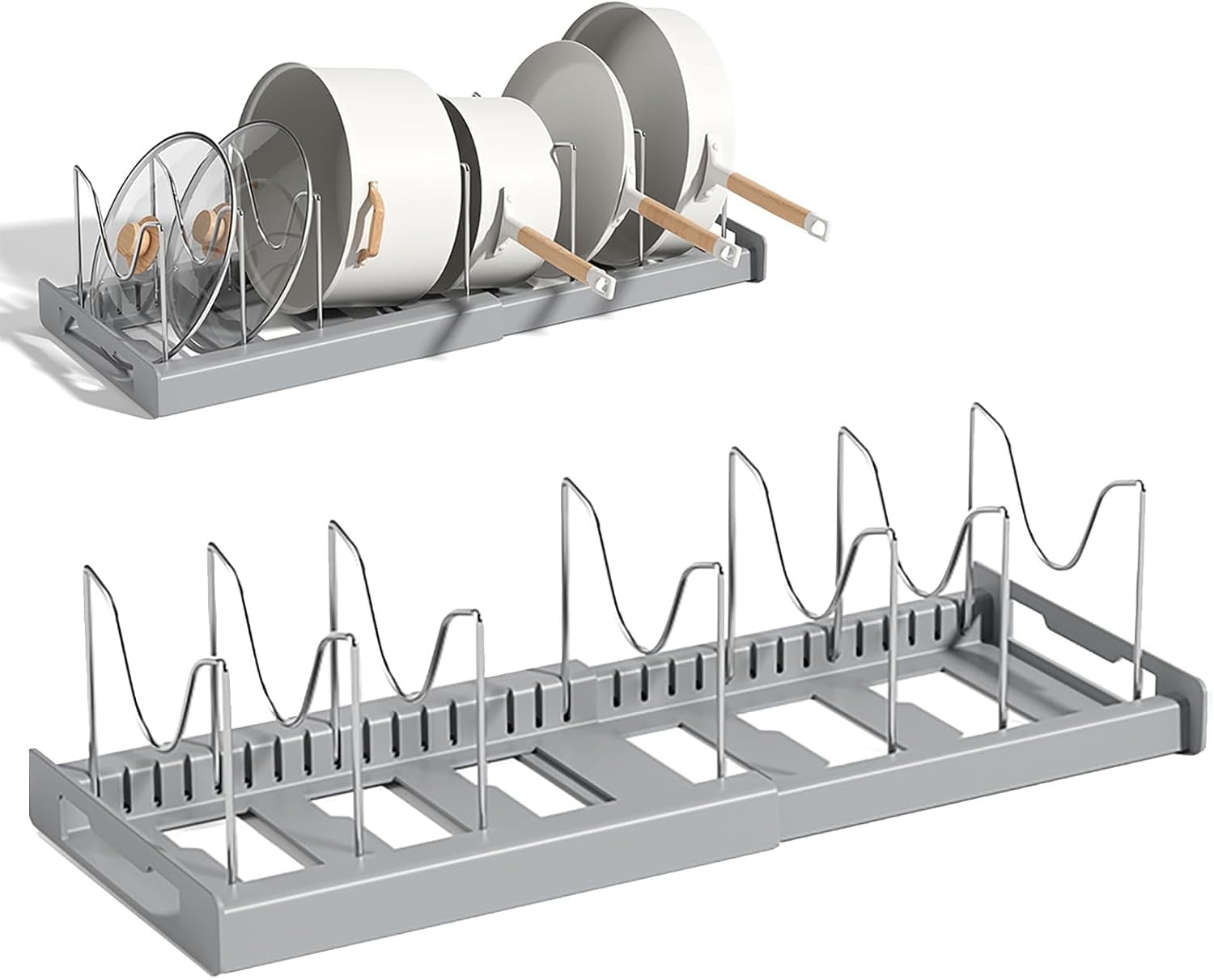 DEGUO Expandable Pot Lid Rack with Adjustable Dividers, Under Cabinet Pot and Pan Organizer for Kitchen Storage of Cutting Boards, Bakeware, Pot Lids, Gray - Walmart.com