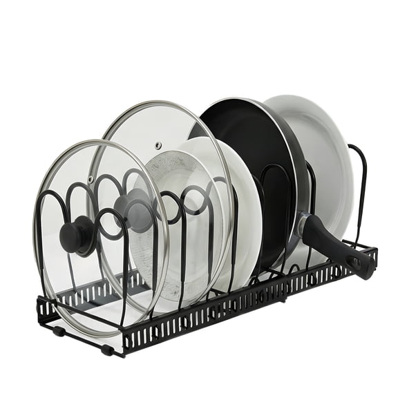 Expandable Pot and Pan Organizer, Adjustable Metal Rack with Lid Holder and 10+ Compartments, Split Design, Rust-Resistant Cookware Storage for Kitchen Cabinets and Countertops