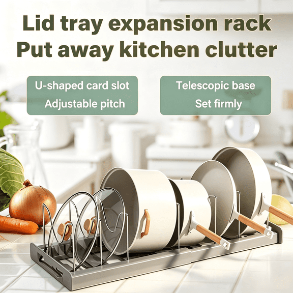 Expandable Pot and Pan Organizer, All-in-One Kitchen Cabinet Organizer with Pot Lid Holder, Utensil Rack, Dish Drainboard & Pull-Out Drawer, Space-Saving Storage Solution for Pots, Pans & Cookware