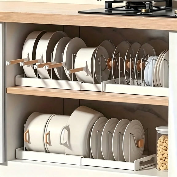 Expandable Pot and Pan Organizer, All-in-One Kitchen Cabinet Organizer with Pot Lid Holder, Utensil Rack, Dish Drainboard & Pull-Out Drawer, Space-Saving Storage Solution for Pots, Pans & Cookware