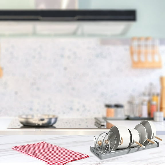 Expandable Pot and Pan Organizer Rack for Cabinet - Adjustable Compartments, U-Shape Lid Holder, Stainless Steel Cookware Storage, 11.8-22.8 Inch Length, White or Gray