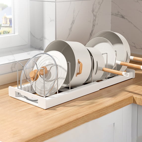 Expandable Pot & Pan Organizer Rack for Kitchen Cabinet | Adjustable Compartment Dividers & U-Shape Lid Holder | Stainless Steel Cookware Storage | 1-Piece Set