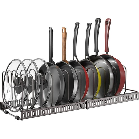 Expandable Pot and Pan Organizer Rack - Pans Pots Lid Organizer Rack Holder for Kitchen Counter Cabinet Pantry Bakeware Organizer Rack Holder with 10 Adjustable Compartments