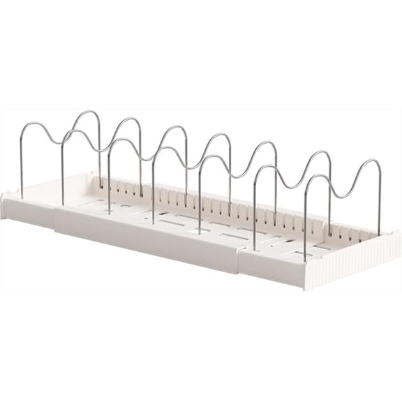 Expandable Pot and Pan Organizer Rack, Adjustable Kitchen Cabinet Organizer, Dish & Lid Storage Holder with Removable Dividers, White