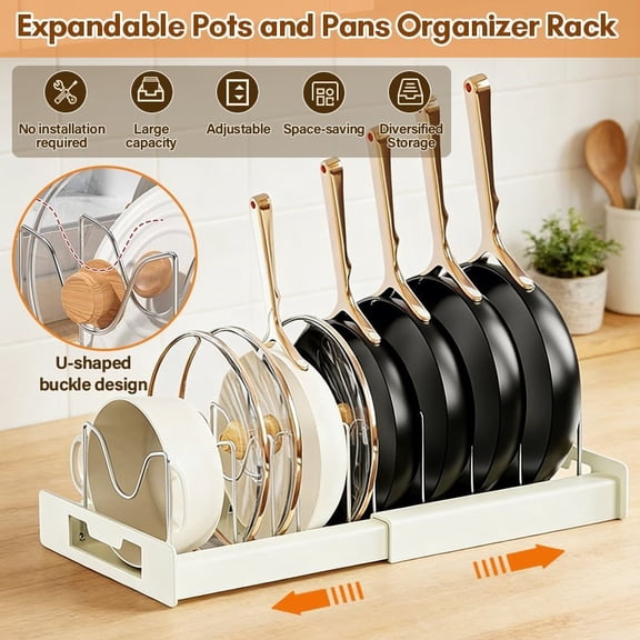 Expandable Pot and Pan Organizer Rack - Pot Lid Organizer Holder with 7 Stainless Steel Adjustable Dividers for Kitchen Cabinet Organizer and Storage