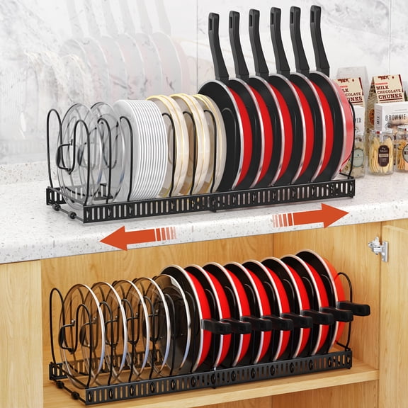 Expandable Pot and Pan Organizer Rack for Cabinets with 10 Adjustable Dividers, Black/White, Kitchen Organization, Pan Storage