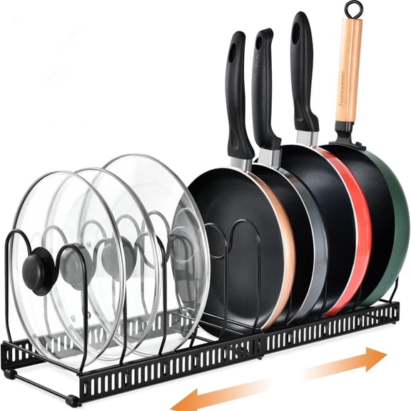 Expandable Pot and Pan Organizer for Cabinet, Pot Pan Rack for Kitchen Storage, Pot Lid Holder, Black with 12 Adjustable Dividers