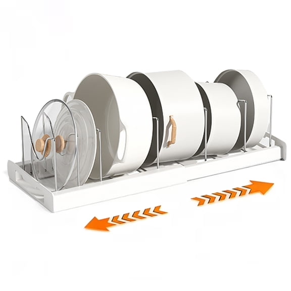 Expandable Pots and Pans Organizer - 7 Adjustable Compartments & Sliding Lid Holder for Kitchen Cabinets | Pan Rack Organizer for Pots, Lids, Cutting Boards & Cookware Storage (White)