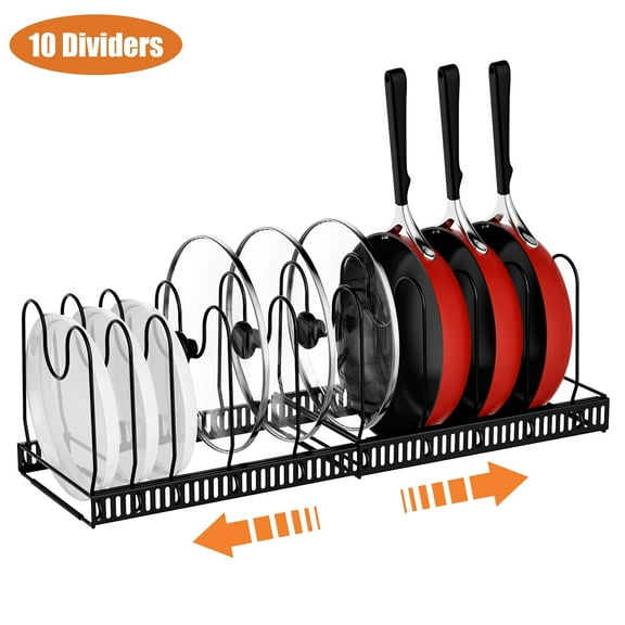 Scidweet Expandable Pots and Pans Lid Organizer Rack, Kitchen Cabinet Pantry Bakeware Organizer and Storage Holder with 10 Adjustable Compartments