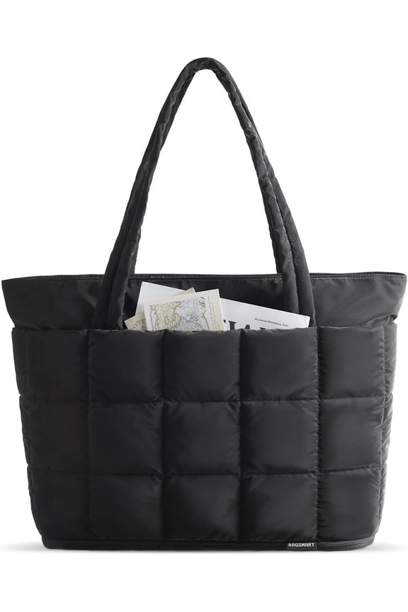 Expandable Puffer Tote Bag for Women, 3-in-1 Quilted Work Bag, Travel Carry On & Gym Bag with Laptop Sleeve