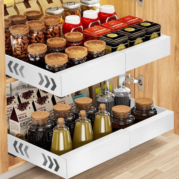 Expandable Pull Out Cabinet Organizer, 2-Pack Adhesive Slide Out Drawers for Kitchen Cabinets Pantry Bathroom Sliding Drawer, Heavy Duty Cabinet Pull Out Shelves Storage(NOT for Cabinets with Lips)