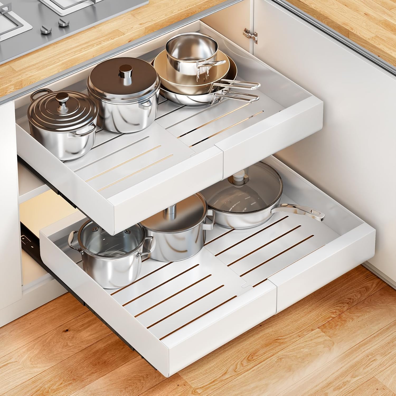 Pull Out Cabinet Organizer – 16" Deep, Heavy Duty Slide Out Drawer, White, For Kitchen, Bathroom