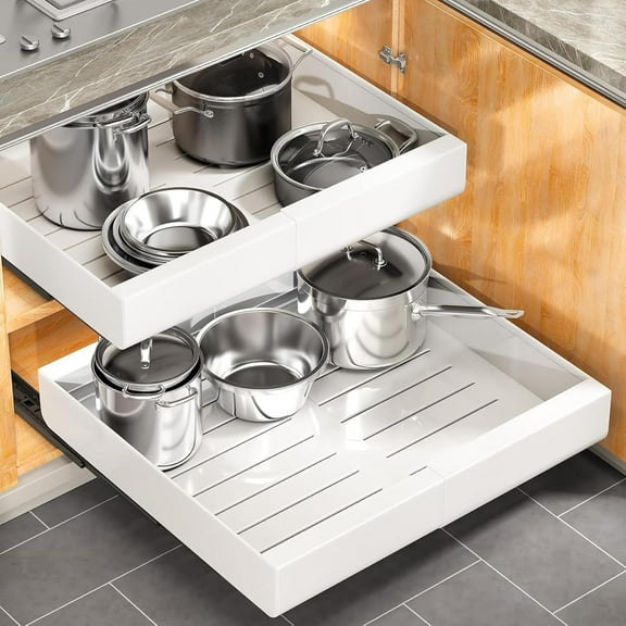 Expandable Pull-Out Cabinet Organizer with Adhesive Film, Heavy-Duty Slide-Out Drawer for Pots and Pans Storage in Kitchen Base Cabinets (12 to 20 Inches)