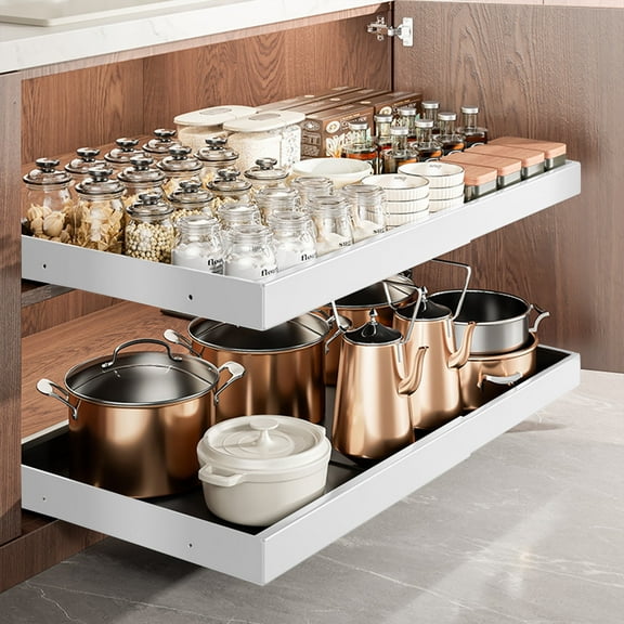 Expandable Pull-Out Cabinet Organizer with Adhesive Nano Film Fixed Slide out Drawers Under Sink Pull-Out Home Organizers Adjustable Length 12.5"-20.5" for Kitchen Cabinets(White)