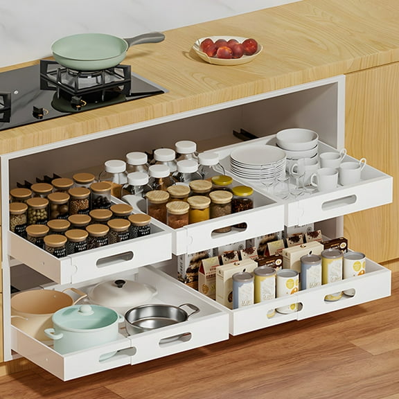 Expandable Pull-Out Cabinet Organizer with Adhesive Nano Film Fixed Slide out Drawers Under Sink Pull-Out Home Organizers Adjustable Length 12.5"-20.5" for Kitchen Cabinets(White)