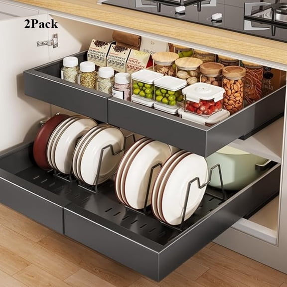 Expandable Pull-Out Cabinet Organizer with Sliders - Under Sink Storage Drawer for Kitchen, Pantry & Bathroom, Easy-Access Shelf Tray for Corner Cupboards, Space-Saving Drawer Unit
