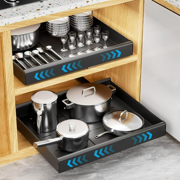 Expandable Pull-Out Drawer, Heavy Duty Roll-Out Storage Shelf, Kitchen Cabinet Organizer with Adhesive Tape, Black, 17" Depth