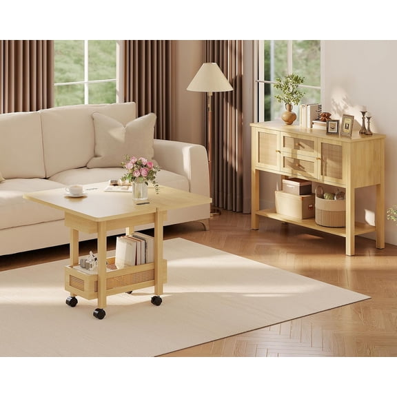 Expandable Rattan End Table with Charging Station and Storage Wheels for Living Room Bedroom