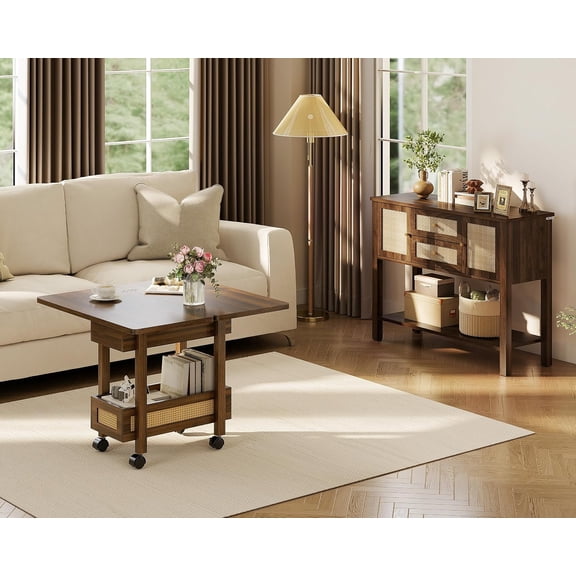 Expandable Rattan Side Table with Charging Station and Wheels, Narrow End Table for Living Room Bedroom