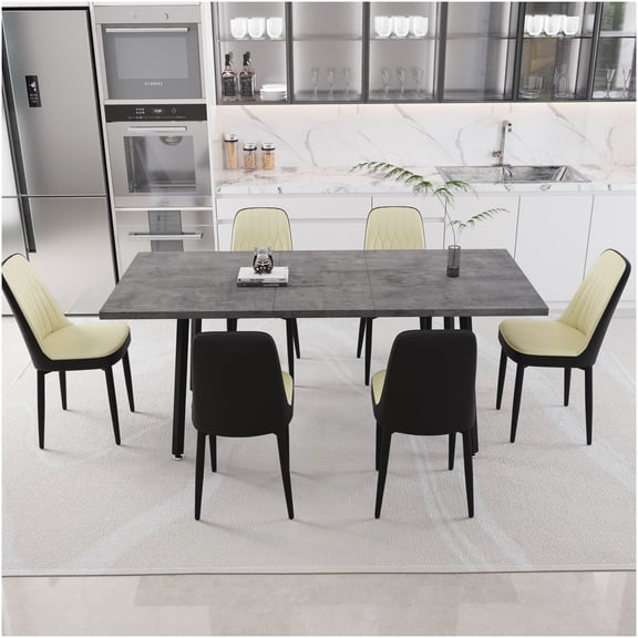 Expandable Rectangular Dining Table Set for 6 with PU Chairs, Beige Grey and Black Modern Kitchen Table