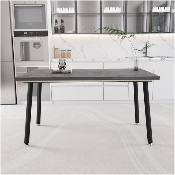 Expandable Rectangular MDF Dining Table for 4-6 People, Medieval Industrial Style Kitchen Table with Black Metal Legs, Gray Tabletop for Home & Kitchen
