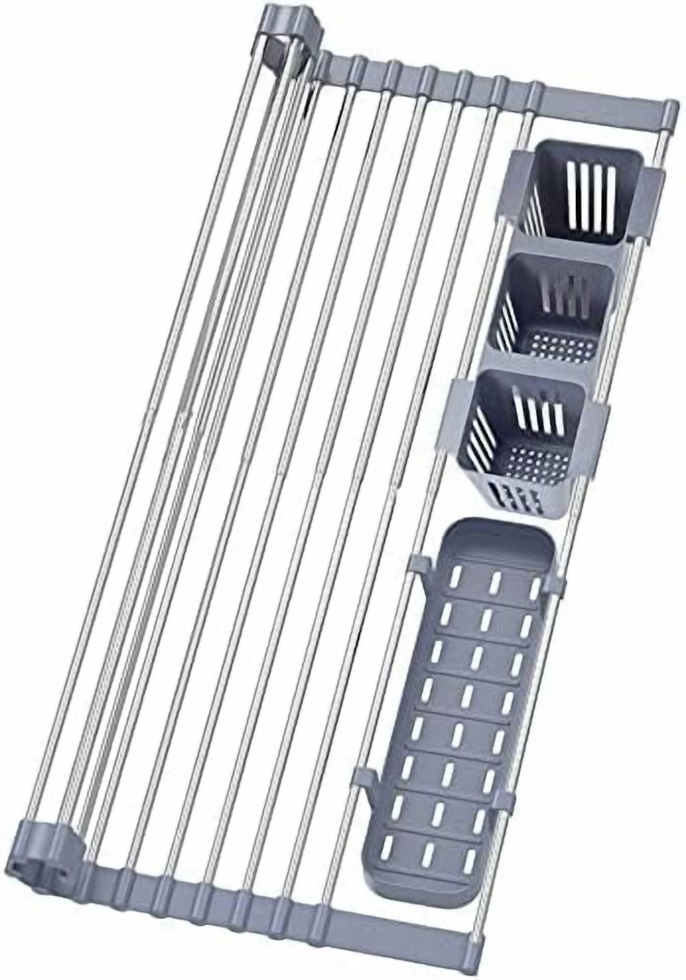 Expandable Roll Up Dish Drying Rack Up to 22.8''with 2 Storage Baskets,Over The Sink Kitchen Rolling up Dish Drainer Drying Rack, Foldable,Rollable,for Kitchen Dishes(Expandable Width Size)