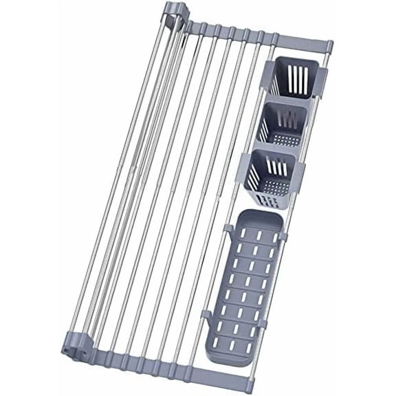 Expandable Roll Up Dish Drying Rack Up to 22.8''with 2 Storage Baskets,Over The Sink Kitchen Rolling up Dish Drainer Drying Rack, Foldable,Rollable,for Kitchen Dishes(Expandable Width Size)
