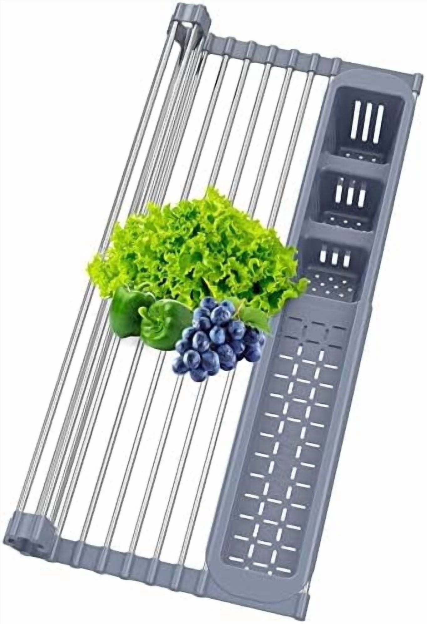 Expandable Roll Up Dish Drying Rack,Over The Sink Drying Rack Sink Kitchen Accessories Rolling up Stainless Steel Drainer, Foldable with Removable Utensil Holder(Gray)