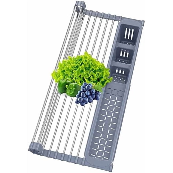 Expandable Roll Up Dish Drying Rack,Over The Sink Drying Rack Sink Kitchen Accessories Rolling up Stainless Steel Drainer, Foldable with Removable Utensil Holder(Gray)